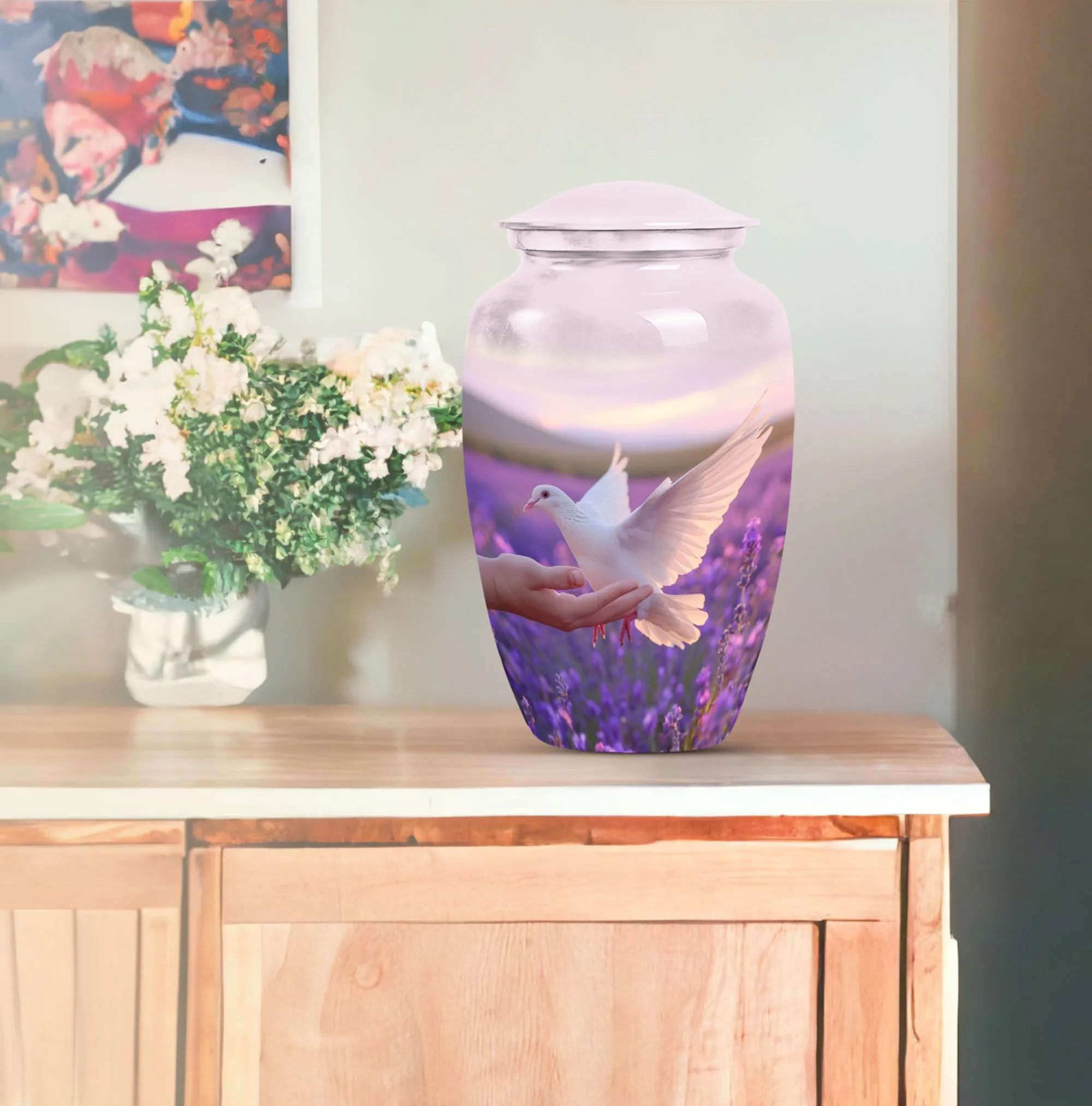 White Dove on Purple Memorial Collectible, Women's Cremation Urn